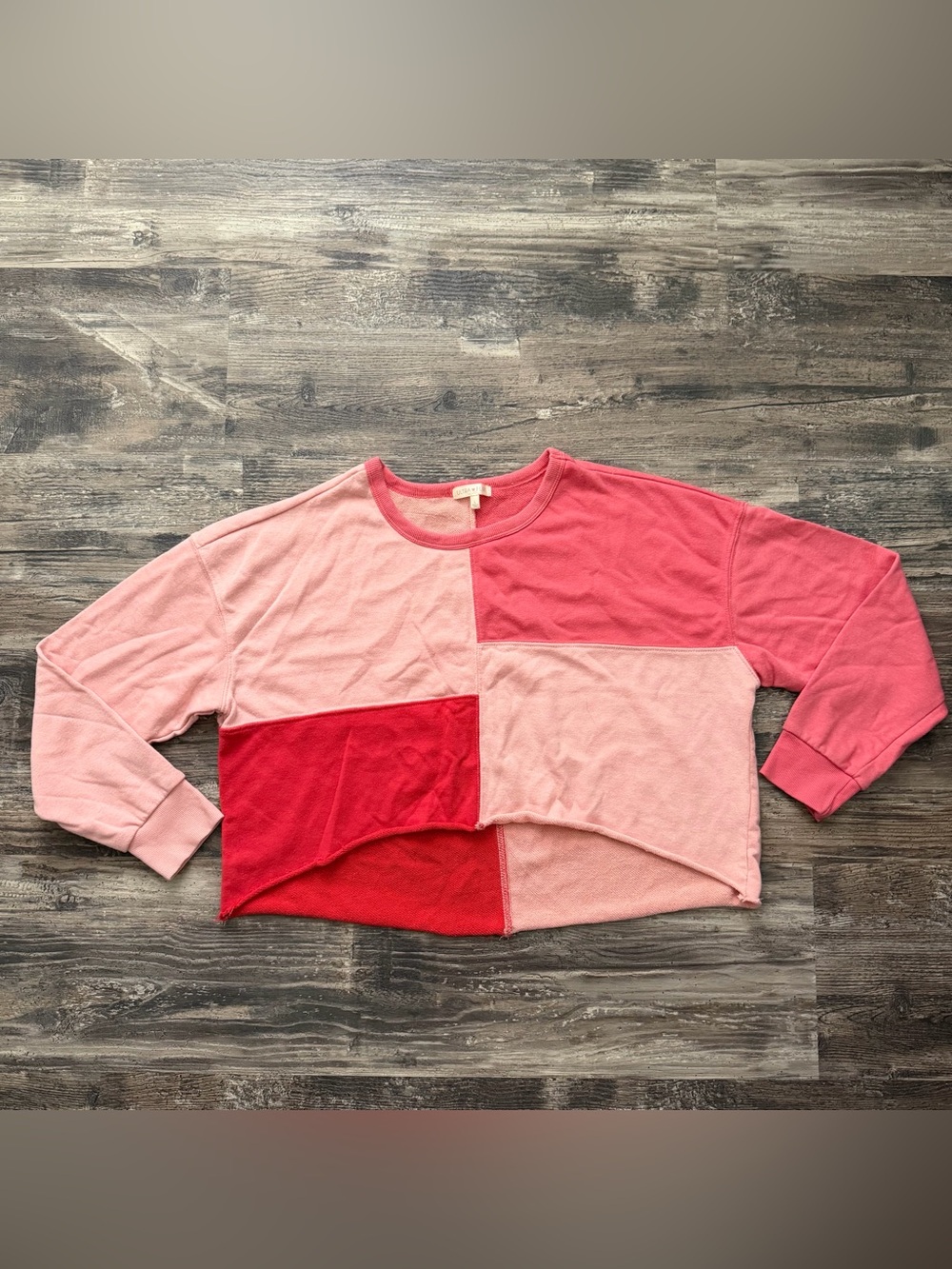 Ultra Flirt Pink Red Patchwork Colorblock Cropped Sweatshirt Juniors Large
